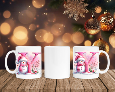 Personalisierte Keramik-Tasse in Weiß-mit Schneemann Rosa-Alphabet & Namen