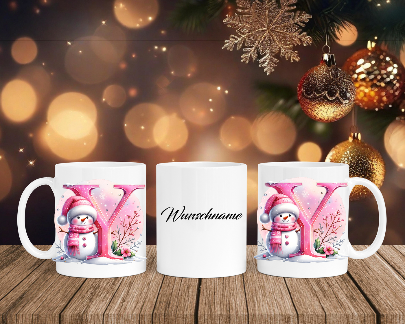 Personalisierte Keramik-Tasse in Weiß-mit Schneemann Rosa-Alphabet & Namen