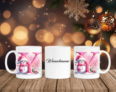 Personalisierte Keramik-Tasse in Weiß-mit Schneemann Rosa-Alphabet & Namen