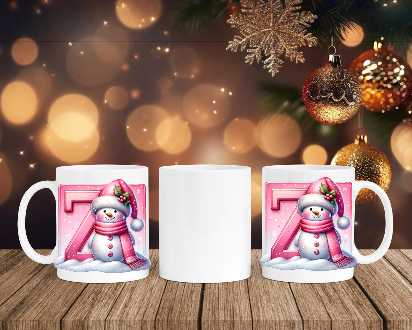 Personalisierte Keramik-Tasse in Weiß-mit Schneemann Rosa-Alphabet & Namen