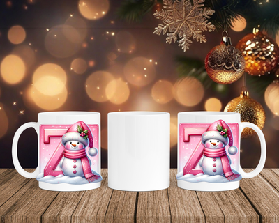 Personalisierte Keramik-Tasse in Weiß-mit Schneemann Rosa-Alphabet & Namen