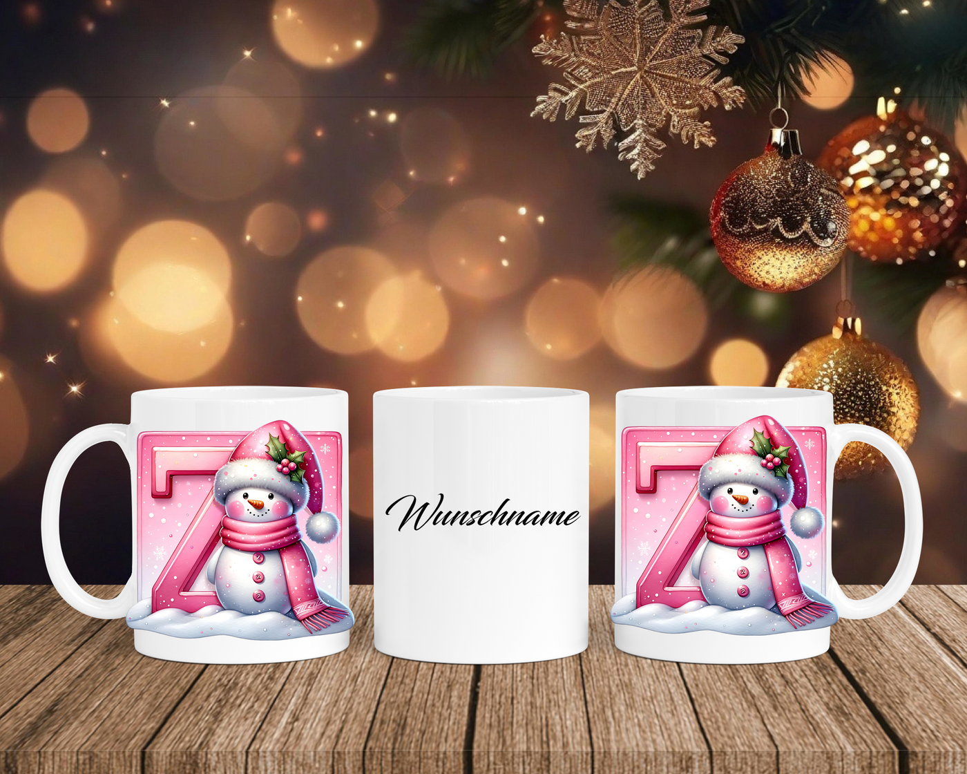 Personalisierte Keramik-Tasse in Weiß-mit Schneemann Rosa-Alphabet & Namen