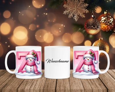 Personalisierte Keramik-Tasse in Weiß-mit Schneemann Rosa-Alphabet & Namen