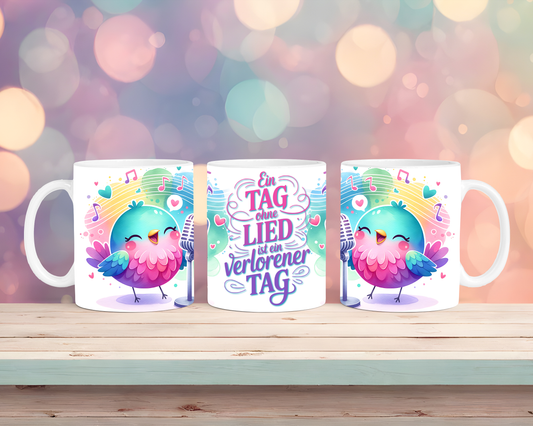 Tasse mit Vogel und Spruch