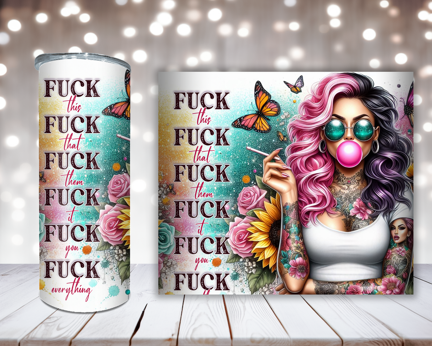 Thermobecher Woman mit Bubblegum und Spruch Fuck this