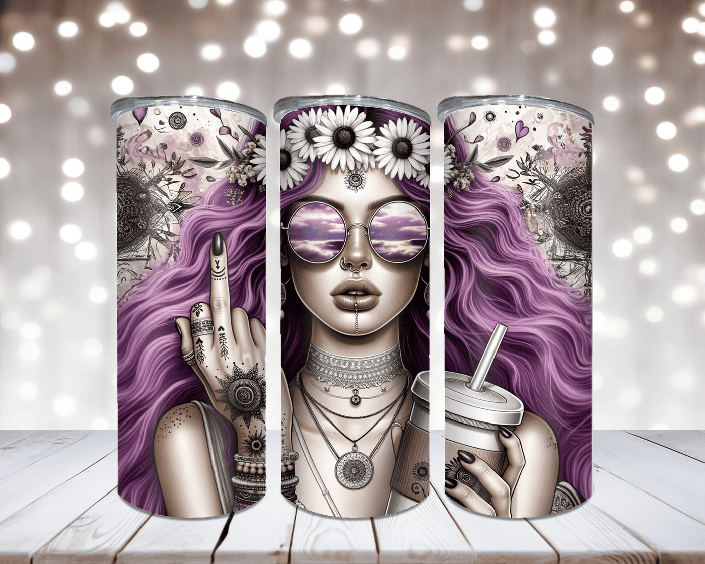 Thermobecher Flower Power Woman mit Mittelfinger