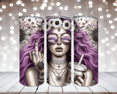 Thermobecher Flower Power Woman mit Mittelfinger