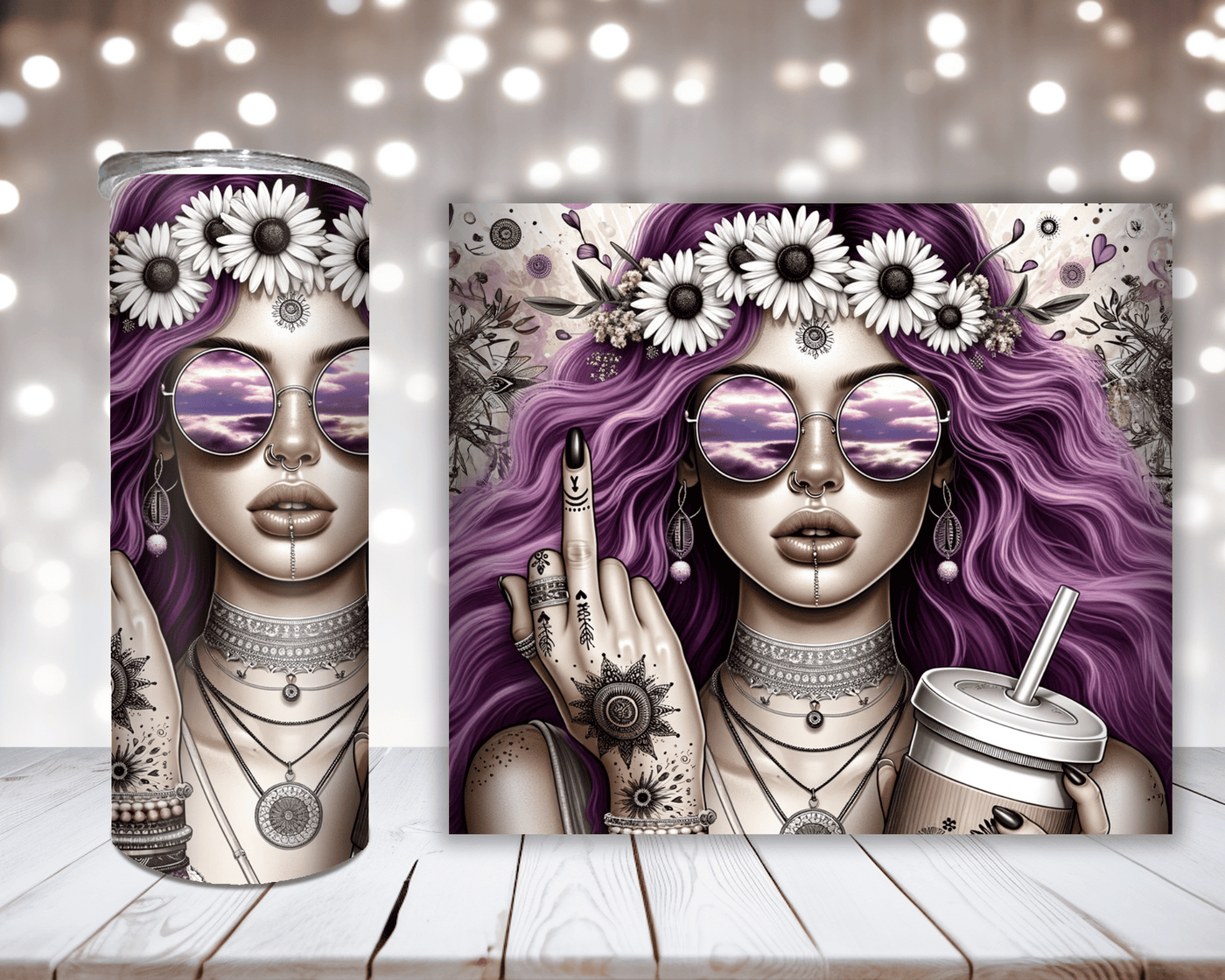 Thermobecher Flower Power Woman mit Mittelfinger