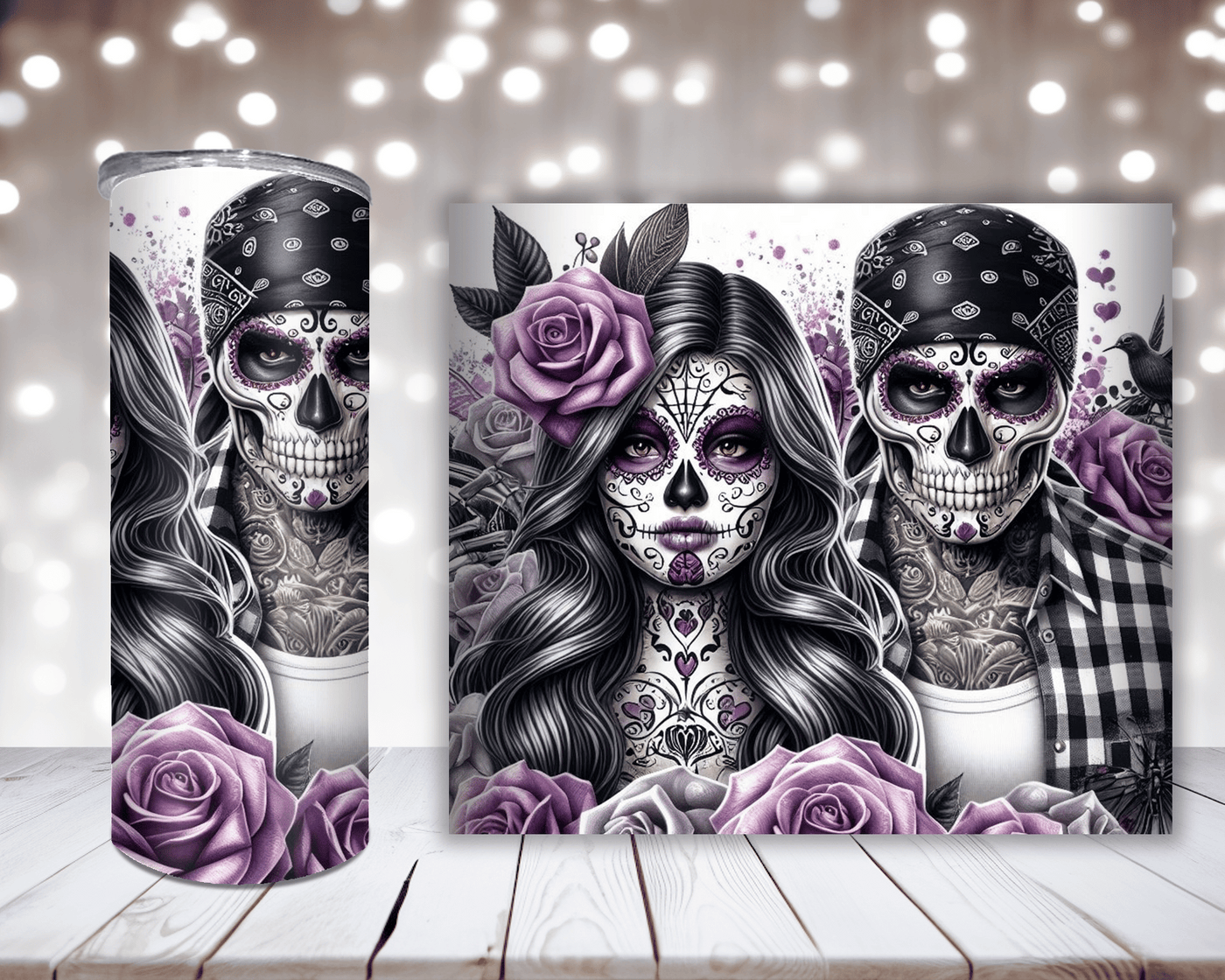 Thermobecher „Sugar Skull Paar, Rosen, Lila“