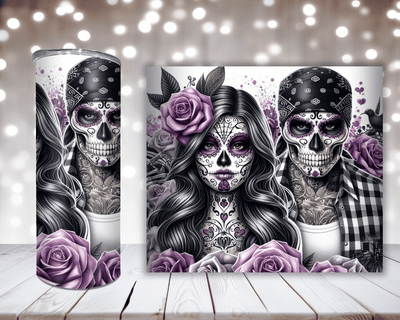 Thermobecher „Sugar Skull Paar, Rosen, Lila“