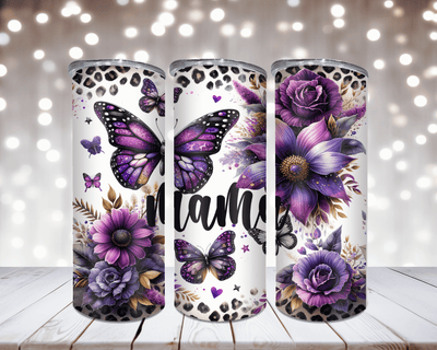 Thermobecher Mama mit Purple Blumen und Schmetterlingen