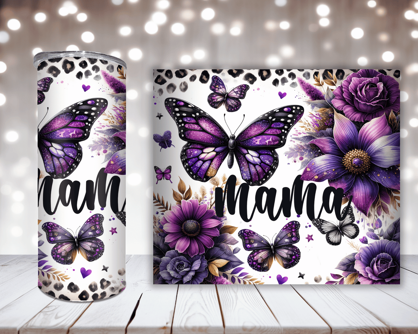 Thermobecher Mama mit Purple Blumen und Schmetterlingen