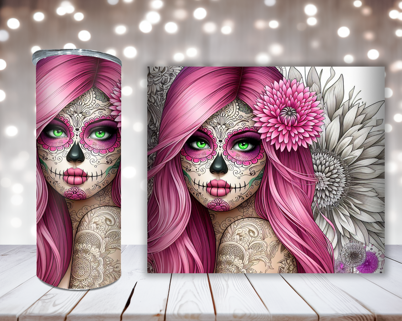 Thermobecher Sugar Skull Girl mit pinken Haaren