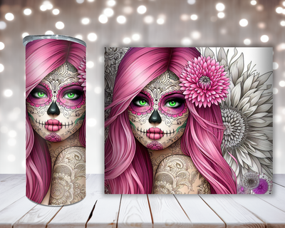 Thermobecher Sugar Skull Girl mit pinken Haaren