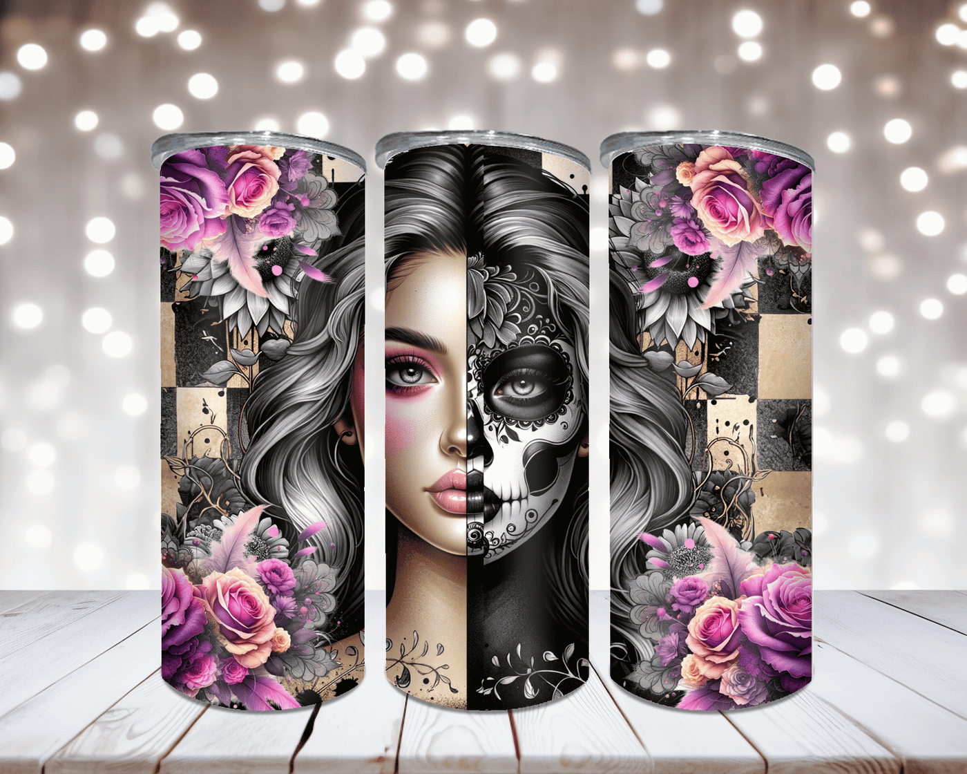 Thermobecher „Woman mit 2 Gesichtern und Blumen“