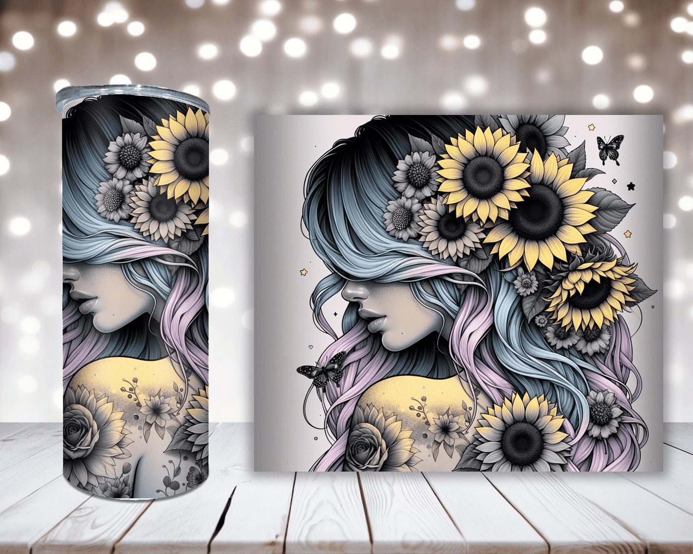 Thermobecher „Woman mit Sonnenblumen Gelb“