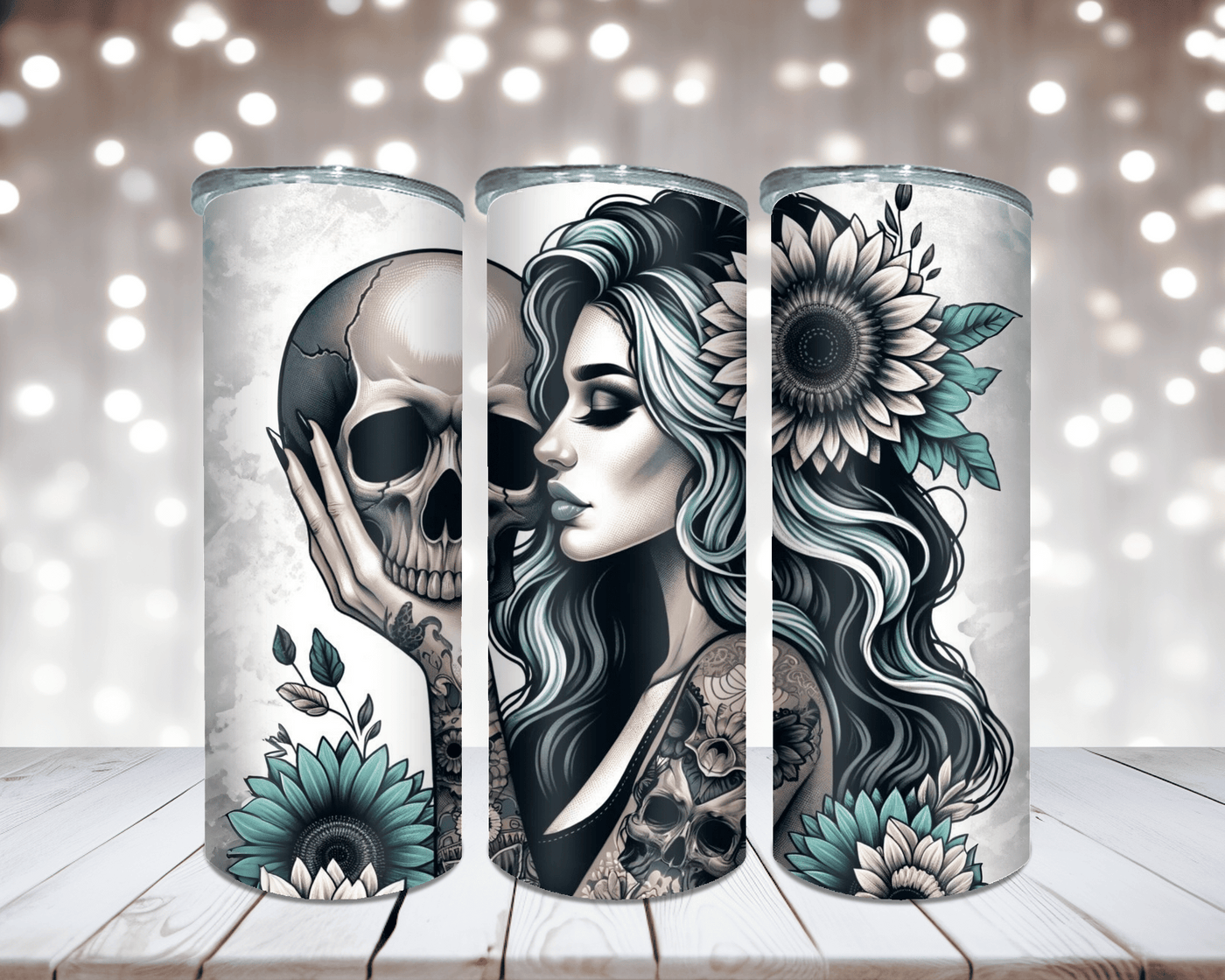 Thermobecher „Woman mit Totenkopf Türkis“