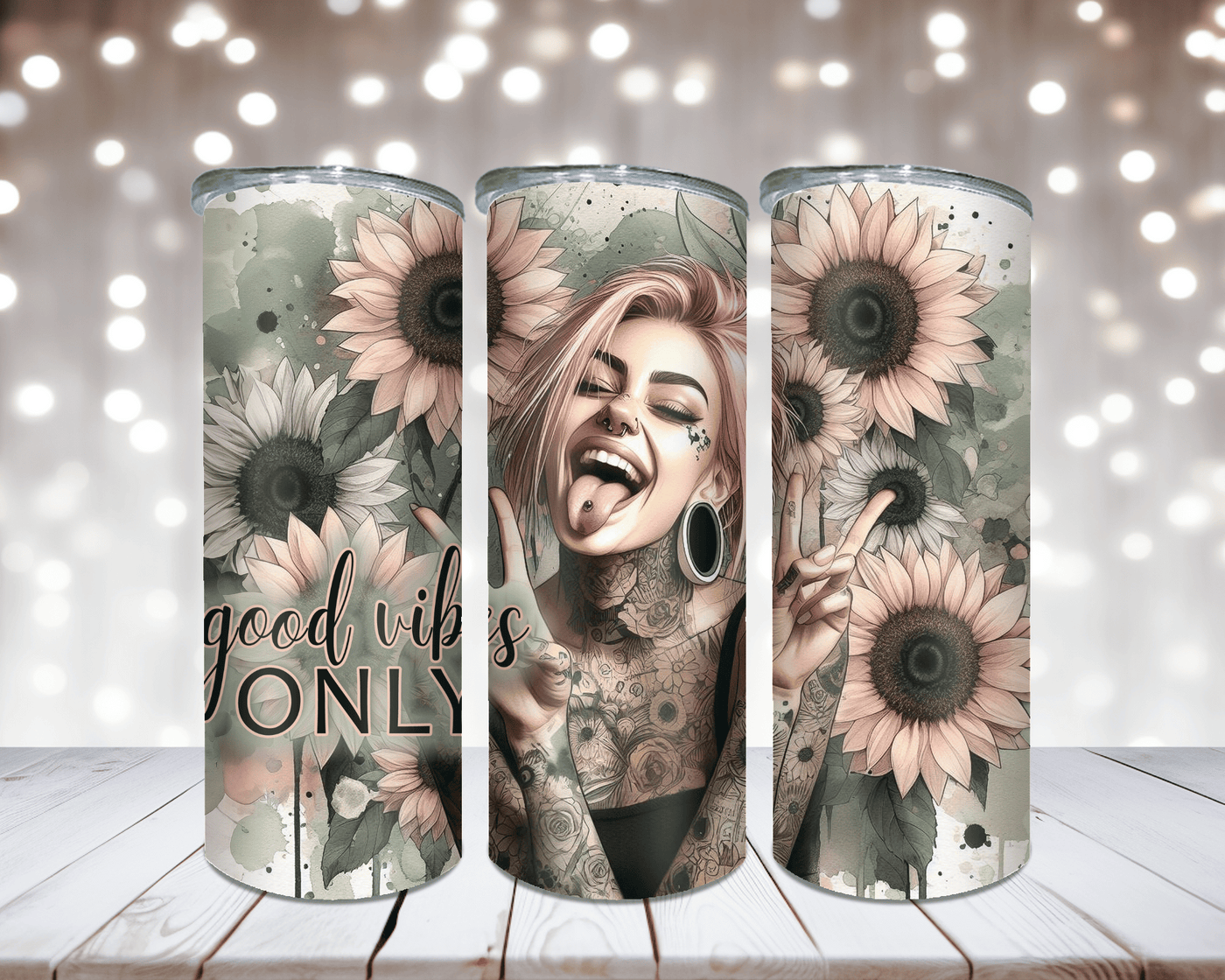 Thermobecher „Woman, Sonnenblume und Spruch Good Vibes Only“