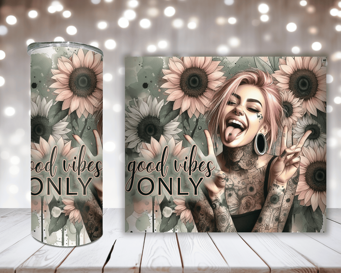 Thermobecher „Woman, Sonnenblume und Spruch Good Vibes Only“