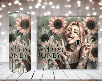 Thermobecher „Woman, Sonnenblume und Spruch Good Vibes Only“