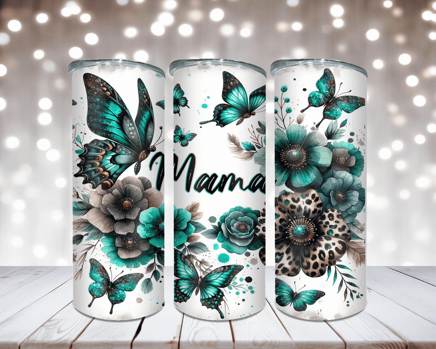 Thermobecher Mama mit grünen Blumen und Schmetterlingen