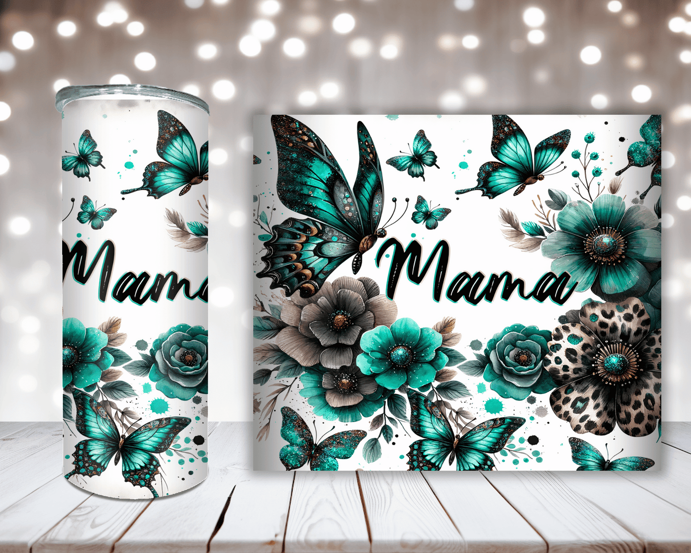 Thermobecher Mama mit grünen Blumen und Schmetterlingen