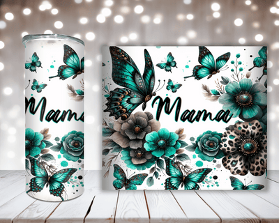 Thermobecher Mama mit grünen Blumen und Schmetterlingen