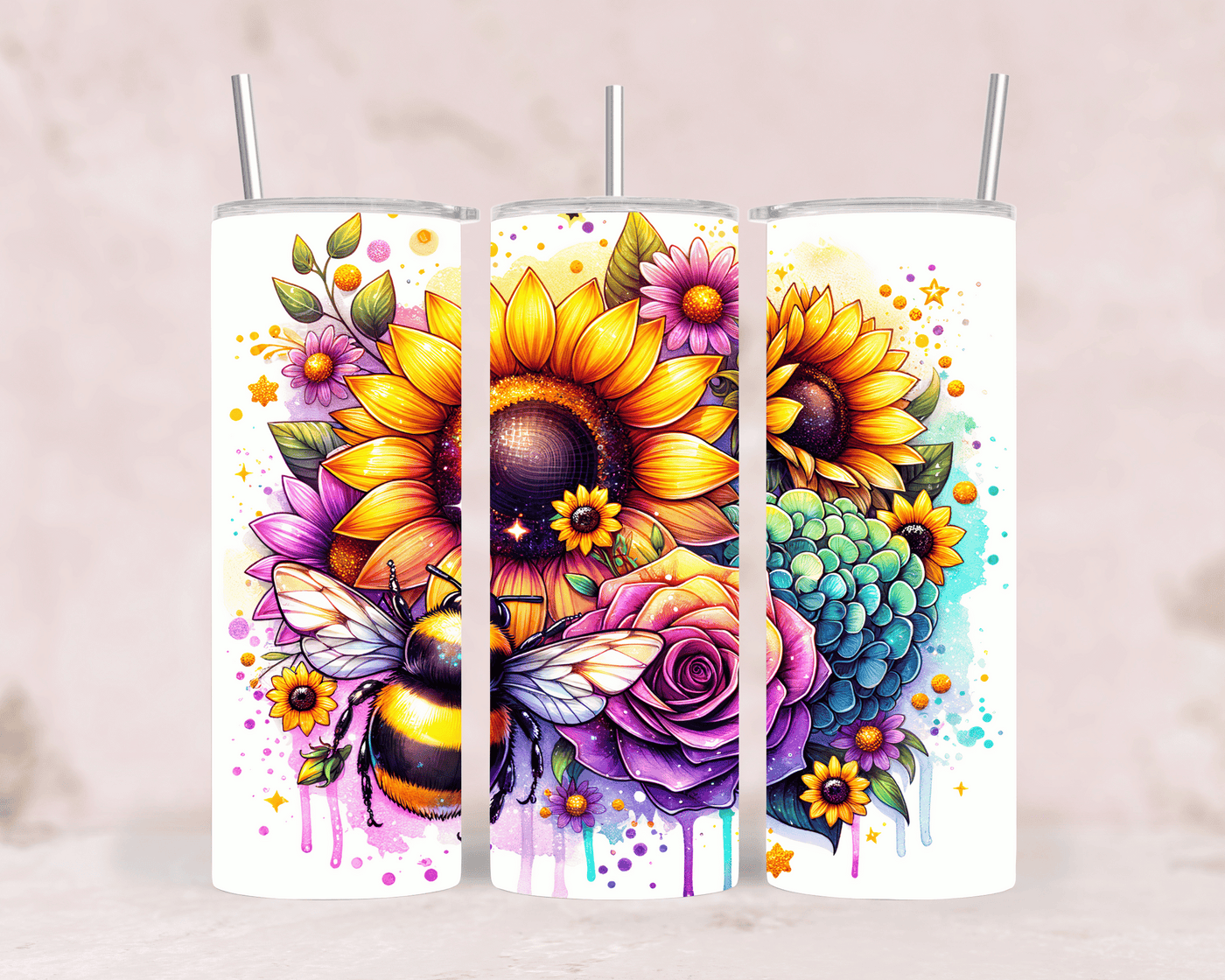 Thermobecher Biene mit Sonnenblume & Rose Edelstahl Tumbler (570 ml)