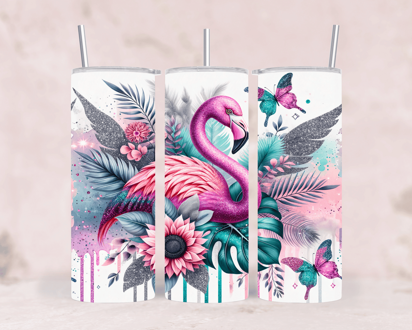 Thermobecher Flamingo & Blumen Sommerlicher Edelstahl-Tumbler (570 ml)