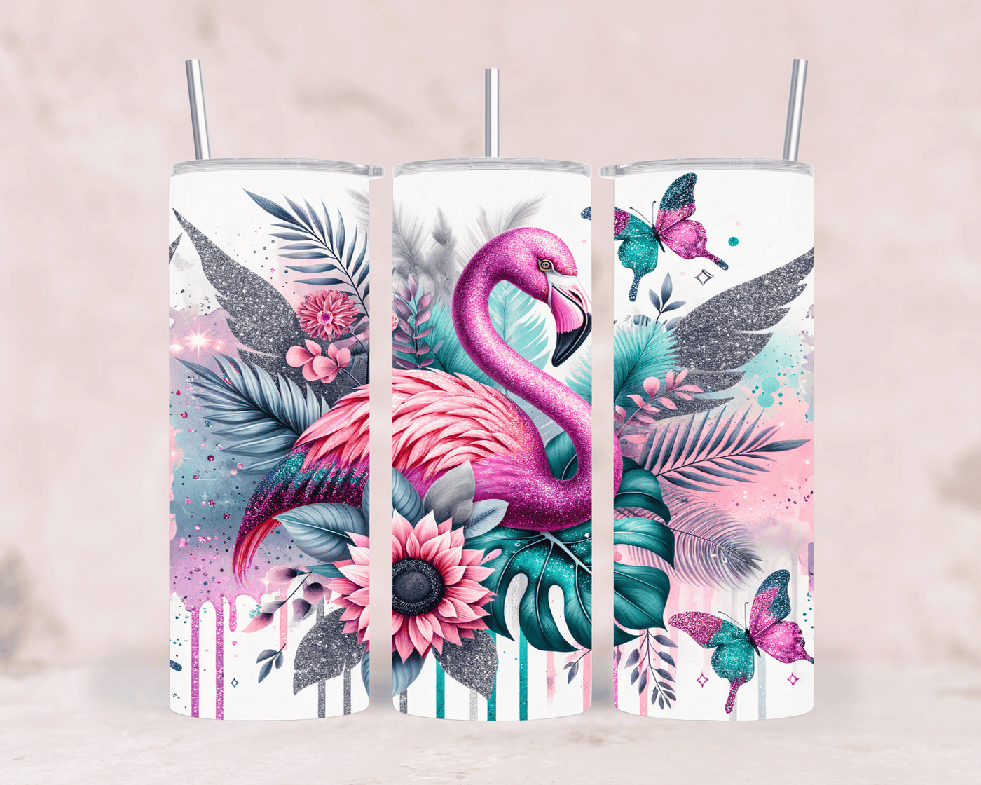 Thermobecher Flamingo & Blumen Sommerlicher Edelstahl-Tumbler (570 ml)