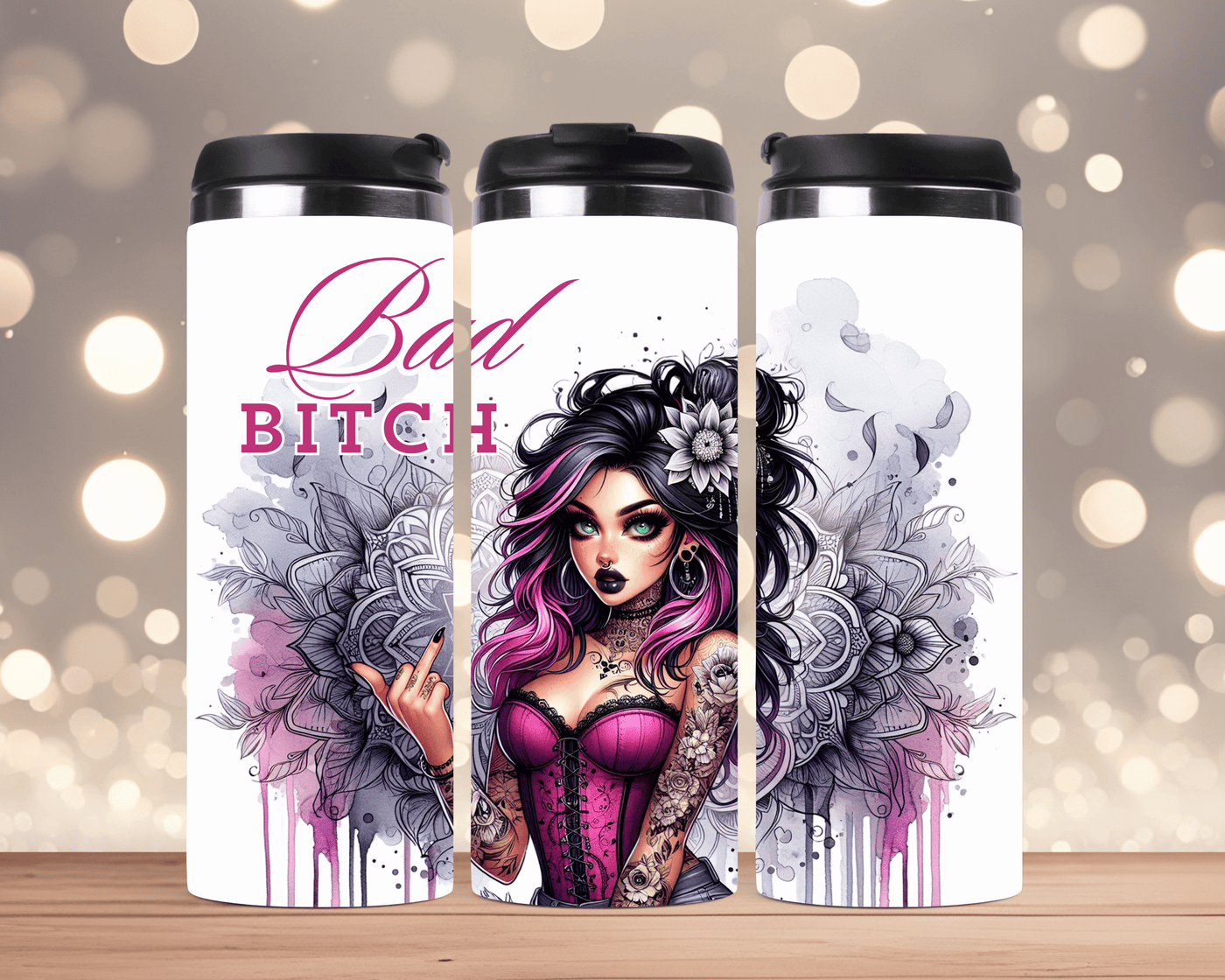 Thermobecher Frau & Spruch „Bad Bitch“ (Edelstahl, 340 ml)