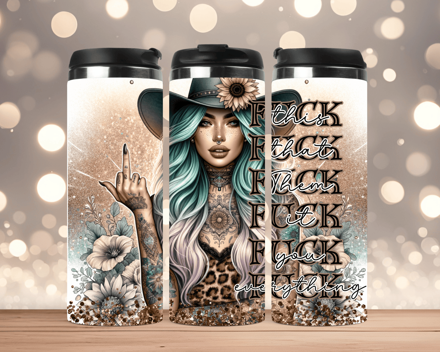 Thermobecher Frau mit Hut, Blumen & Spruch „Fuck“ (Edelstahl, 340 ml)