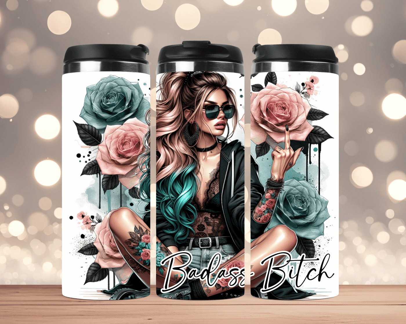 Thermobecher  Frau mit Hut, Rosen & Spruch  (Edelstahl, 340 ml)