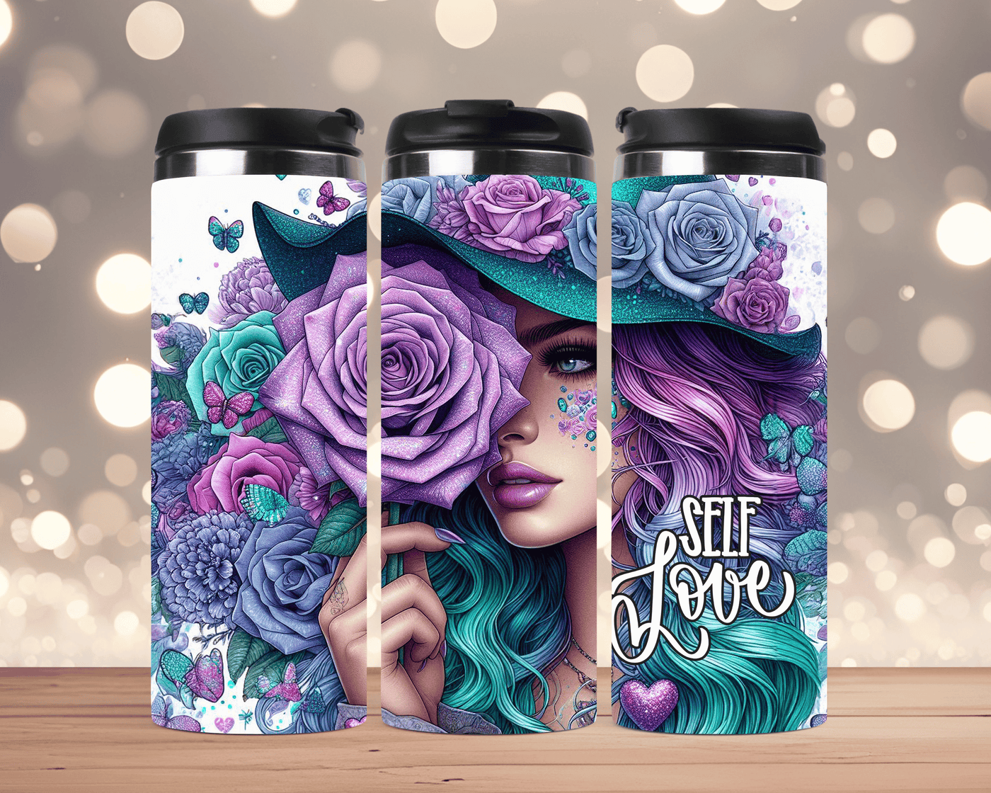 Thermobecher Frau mit Hut, Rosen & Spruch „Self Love“ (Edelstahl, 340 ml)