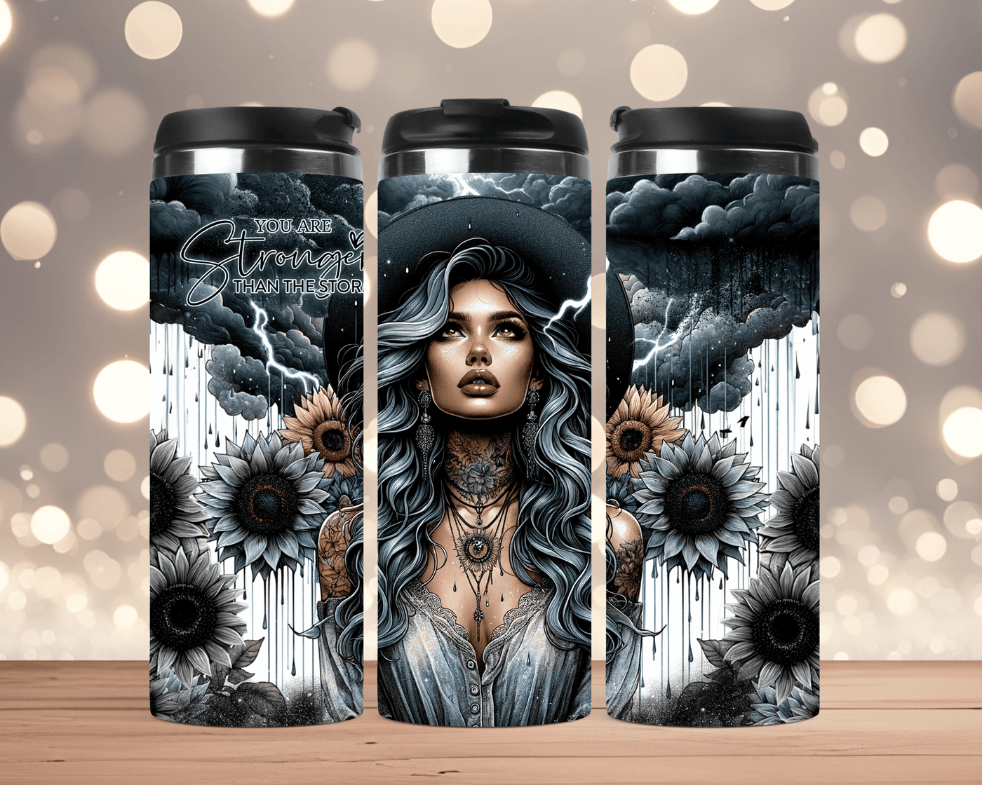 Thermobecher  Frau mit Hut, Sonnenblumen & Spruch (Edelstahl, 340 ml)