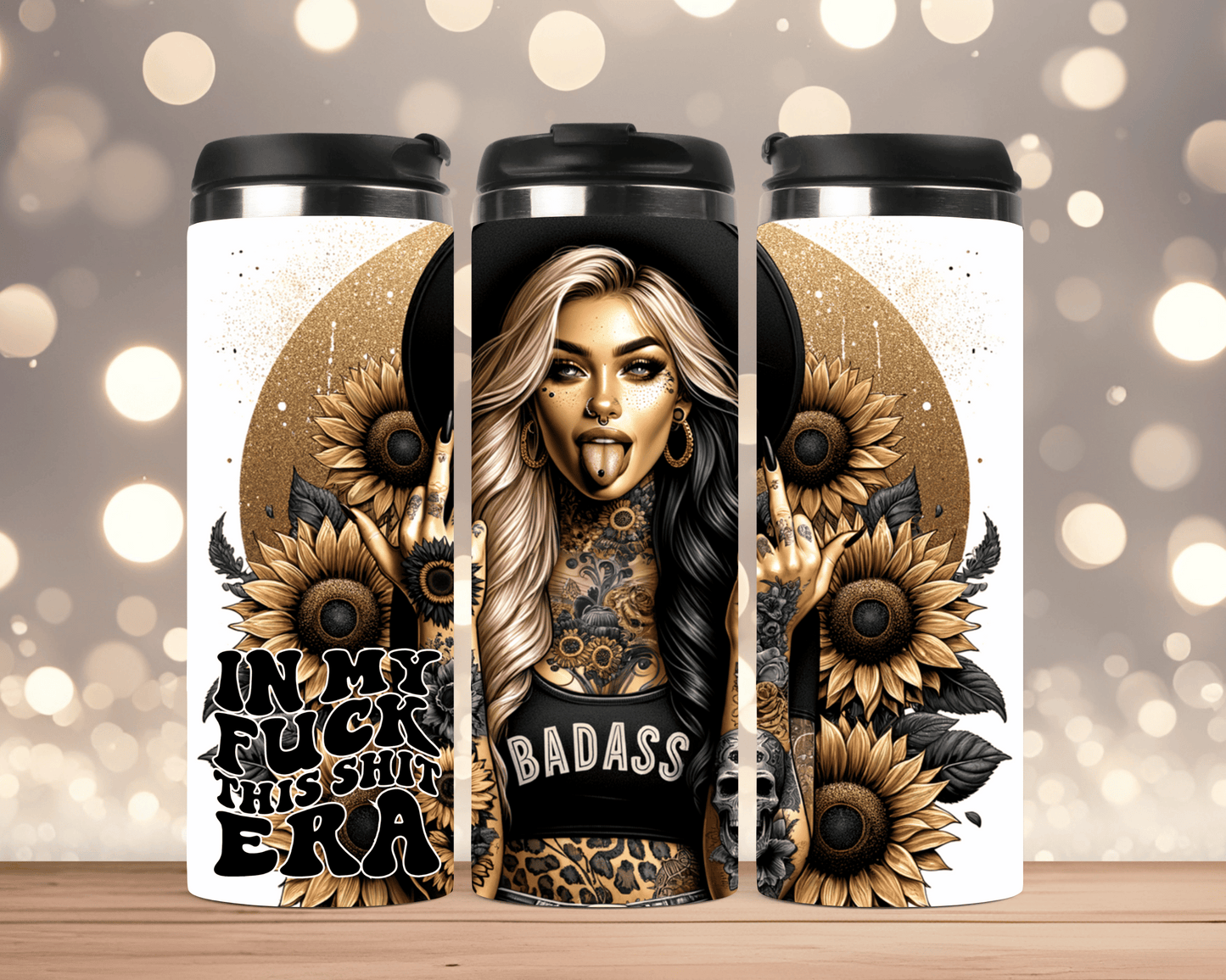 Thermobecher Frau mit Mittelfinger-Geste, Sonnenblumen & Spruch  (Edelstahl, 340 ml)