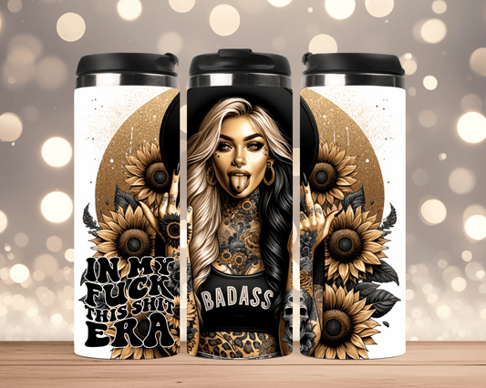 Thermobecher Frau mit Mittelfinger-Geste, Sonnenblumen & Spruch  (Edelstahl, 340 ml)
