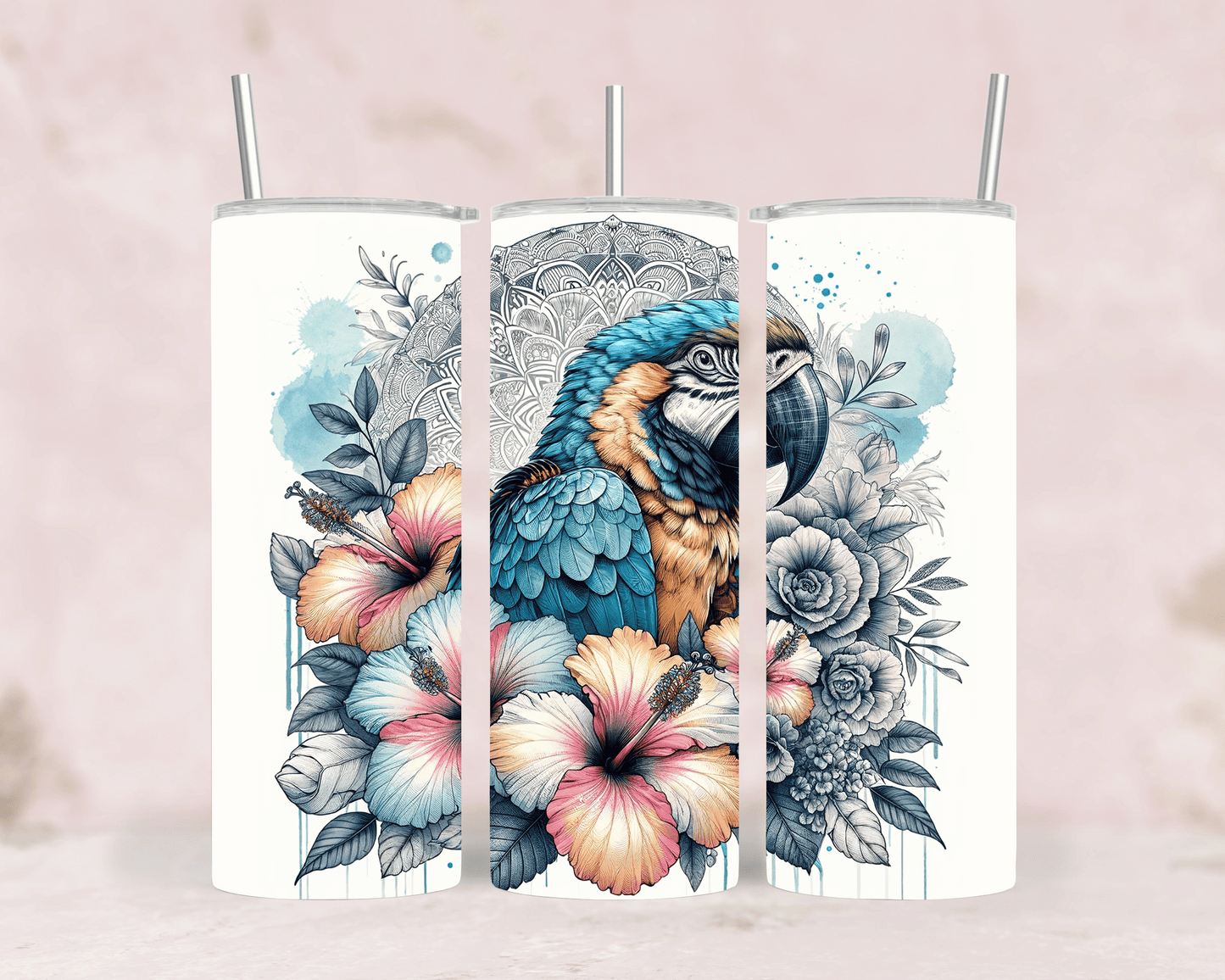 Thermobecher Papagei & Tropenblumen Exotischer Tumbler aus Edelstahl (570 ml)