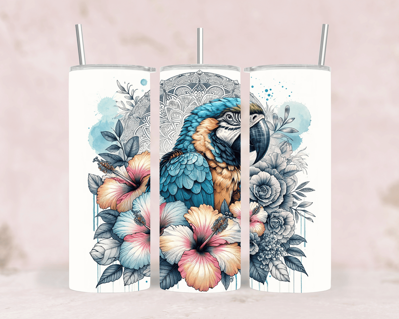 Thermobecher Papagei & Tropenblumen Exotischer Tumbler aus Edelstahl (570 ml)