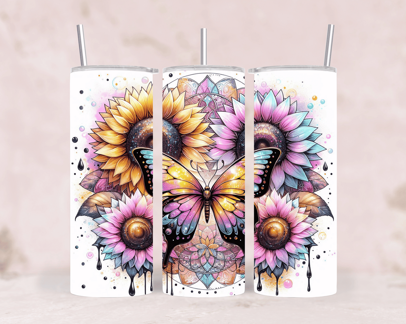Thermobecher Schmetterling & helle Sonnenblumen Edelstahl Tumbler (570 ml)