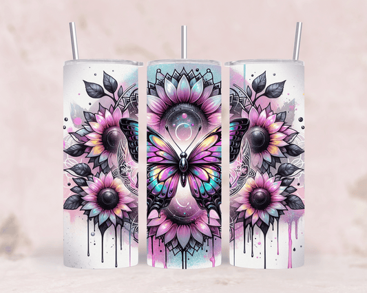 Thermobecher Schmetterling mit Sonnenblumen Strahlender Edelstahl Tumbler