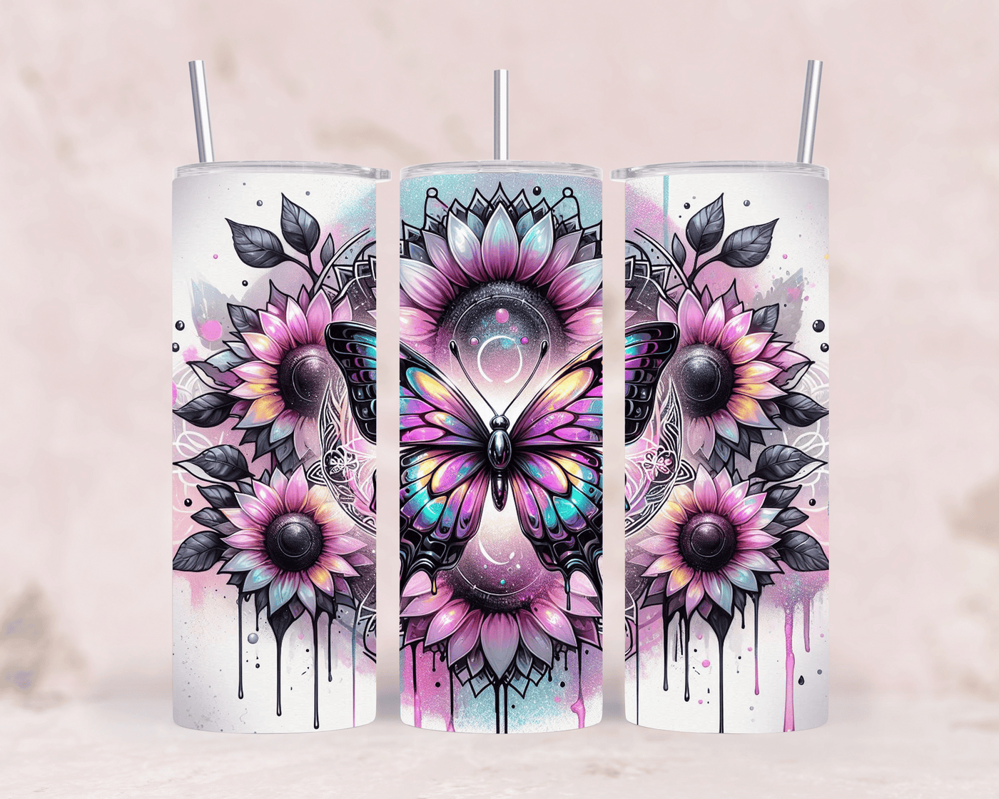 Thermobecher Schmetterling mit Sonnenblumen Strahlender Edelstahl Tumbler