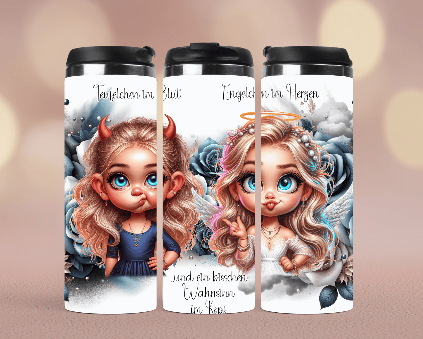Thermobecher Süßes Mädchen mit lustigem Engel-Teufel (Edelstahl, 340 ml)