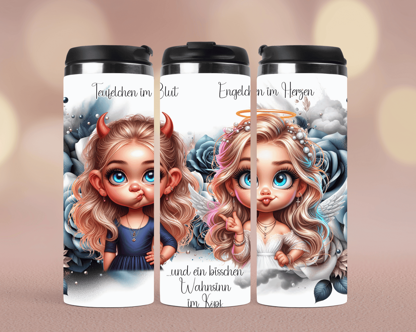 Thermobecher Süßes Mädchen mit lustigem Engel-Teufel (Edelstahl, 340 ml)