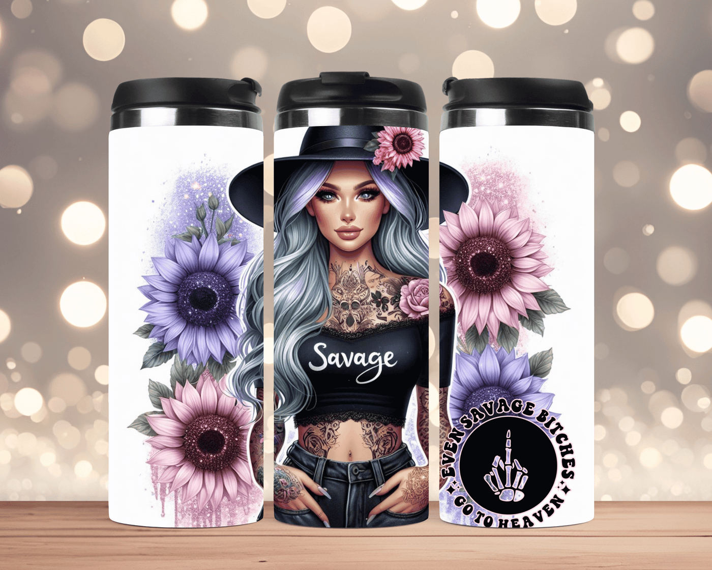 Thermobecher Tätowierte Frau mit Sonnenblume & Bitch Spruch (Edelstahl, 340 ml)
