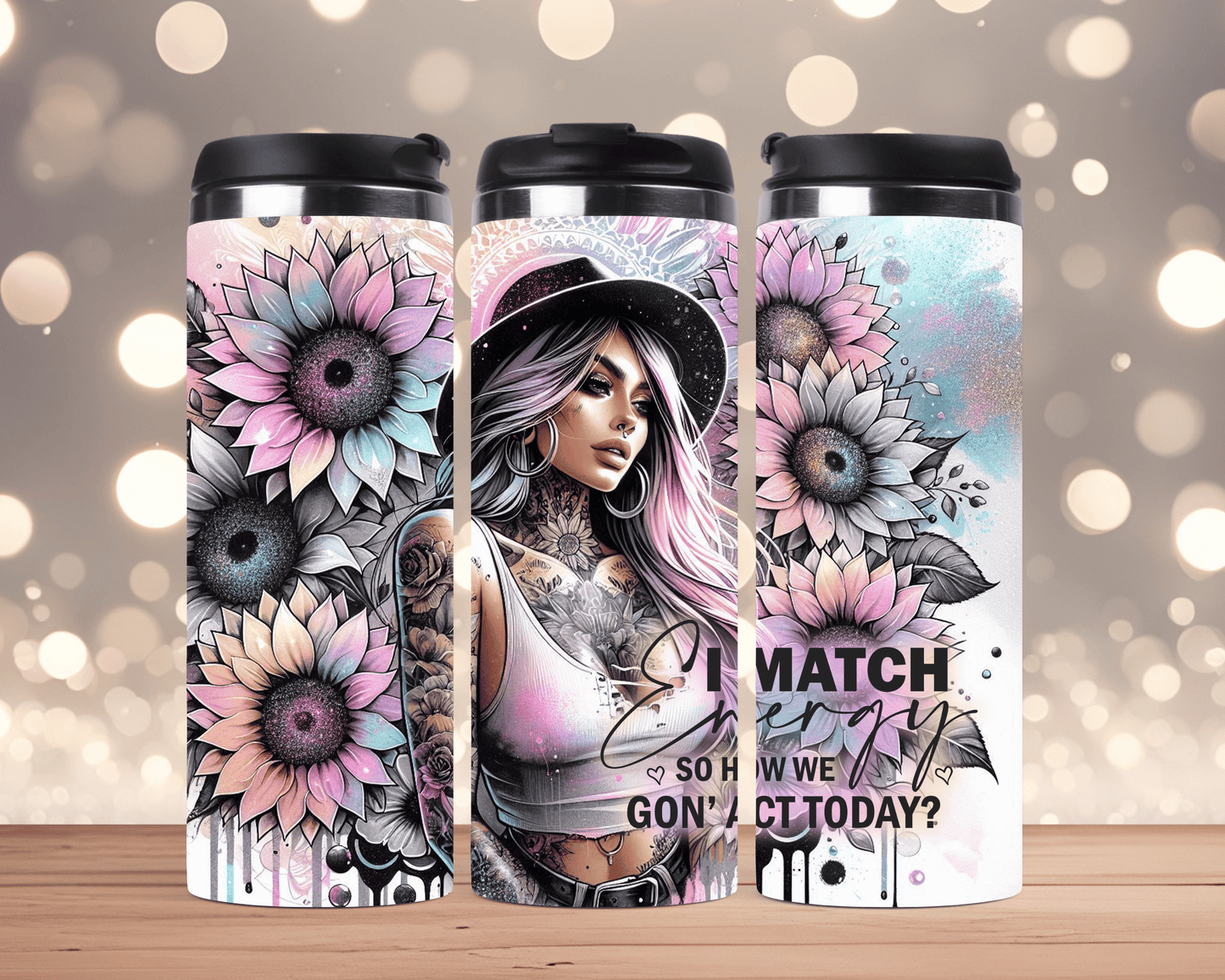 Thermobecher Tätowierte Frau mit Sonnenblumen & Spruch (Edelstahl, 340 ml)