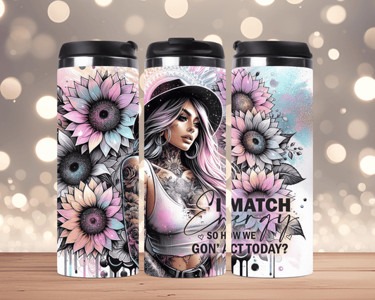 Thermobecher Tätowierte Frau mit Sonnenblumen & Spruch (Edelstahl, 340 ml)