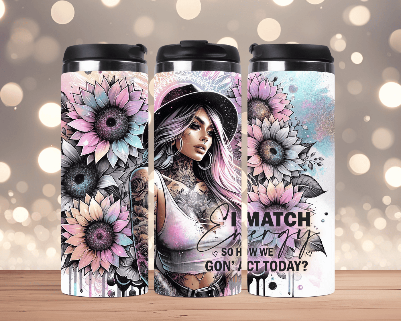Thermobecher Tätowierte Frau mit Sonnenblumen & Spruch (Edelstahl, 340 ml)