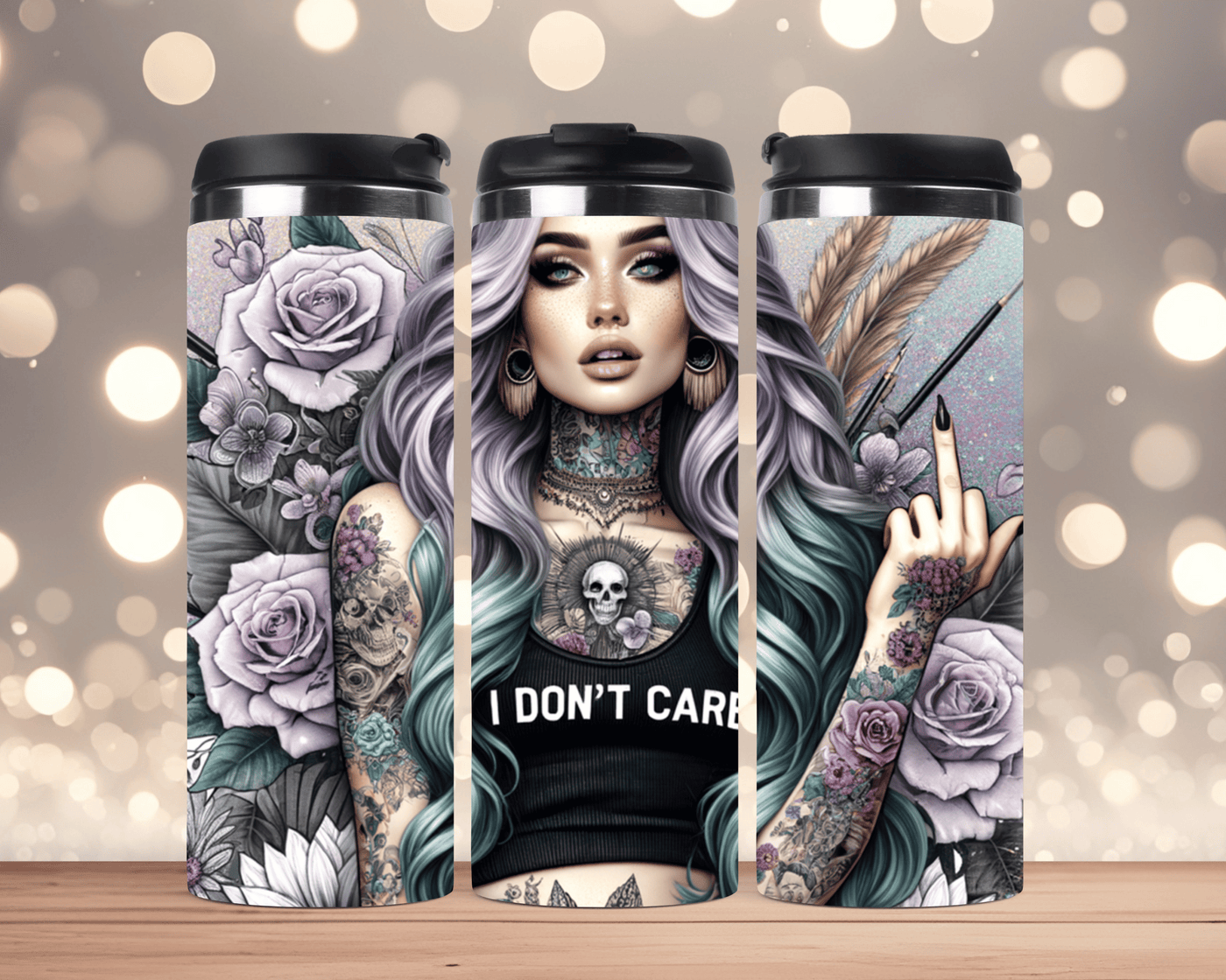 Thermobecher Tattoo Frau, Mittelfinger & Spruch (Edelstahl, 340 ml)