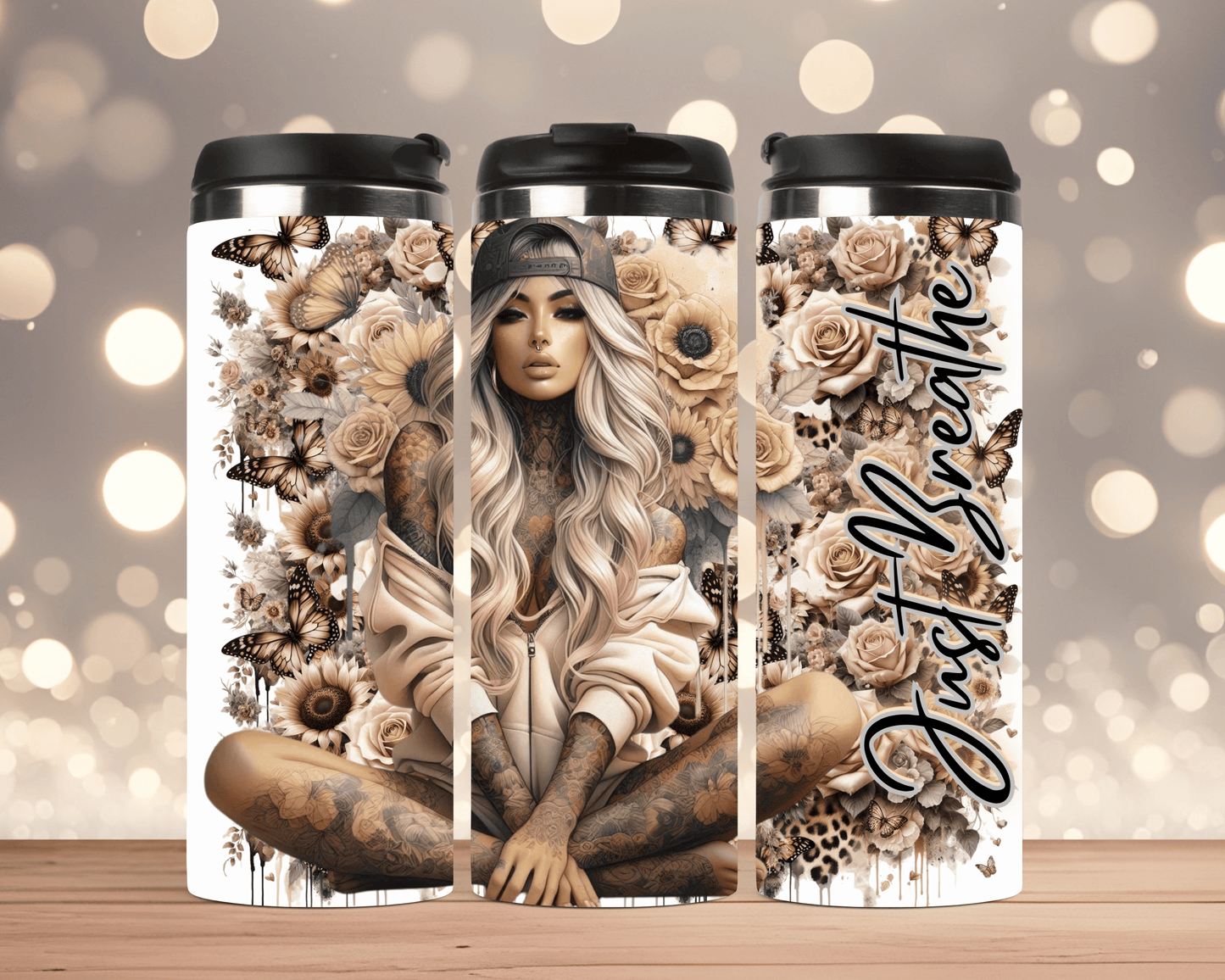 Thermobecher Tattoo Frau & Spruch „Atme einfach“ (Edelstahl, 340 ml)
